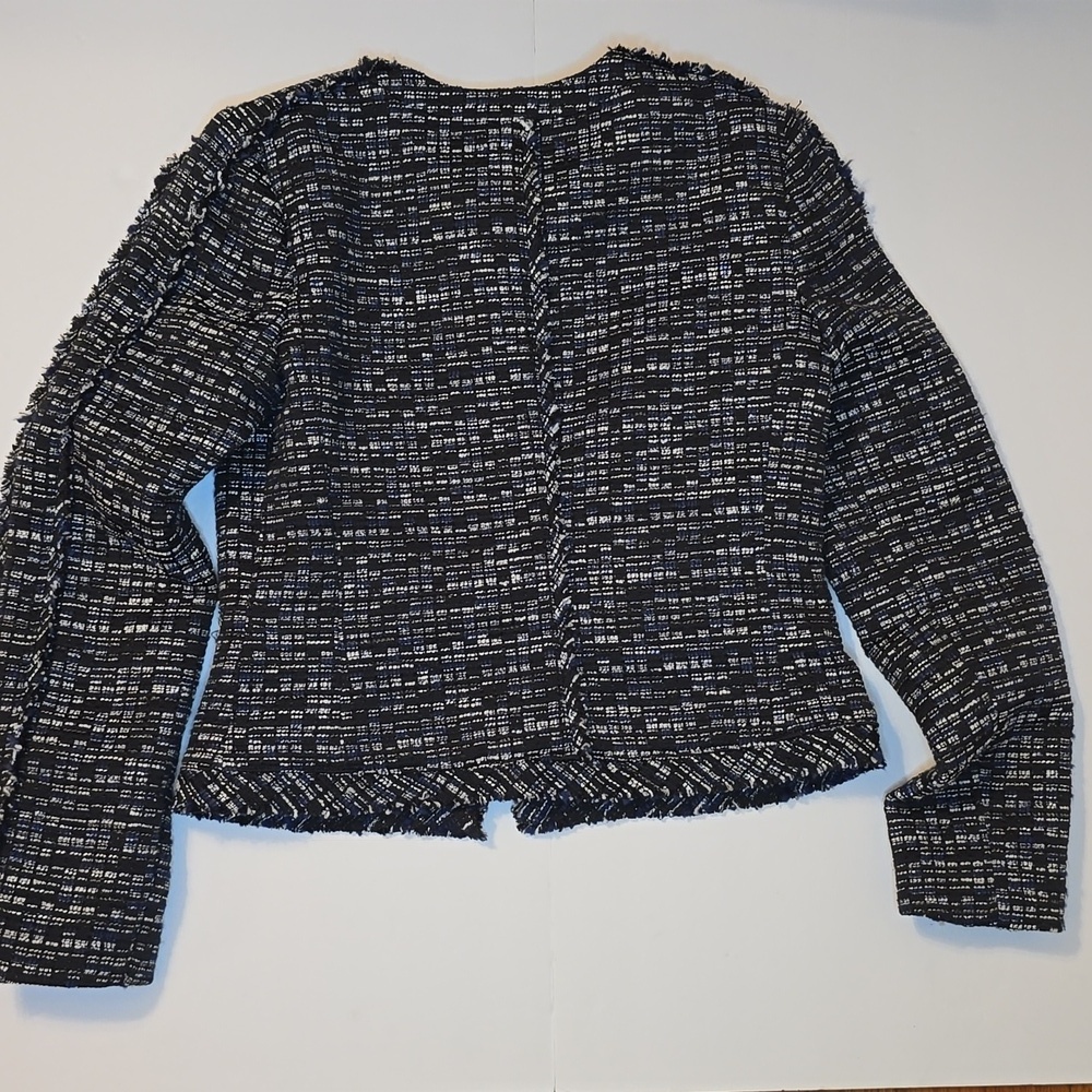 Banana Republic Tweed Zip Up Fringe Navy Off white Cotton Blend Jacket Blazer 4 - Picture 5 of 15